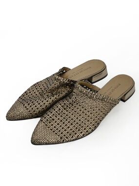 Pons Quintana Brushed Bronze Gold Woven Leather Pointed Toe Flat Mule Slip On Sh
